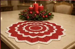 Centro de mesa de crochê vermelho com velas e arranjo natalino