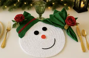 Sousplat de crochê em formato de boneco de neve, com gorro verde