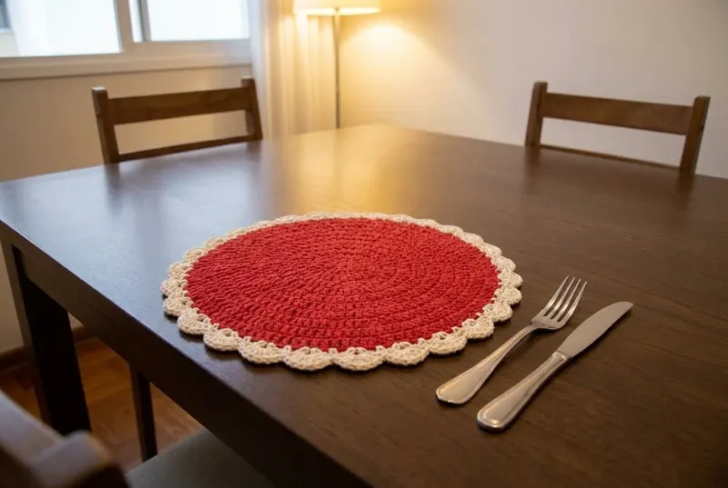 Um único sousplat de crochê vermelho e creme sozinho sobre a mesa de madeira vazia, com garfo e faca ao lado