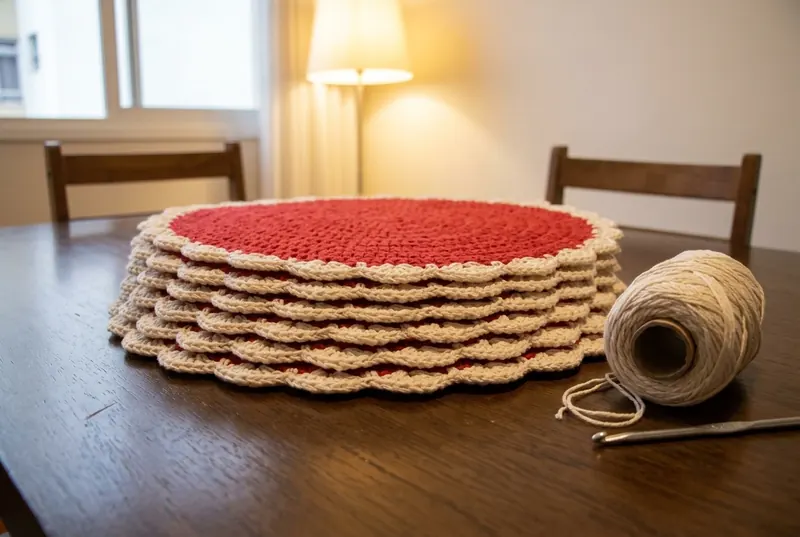 Pilha de seis sousplats de crochê vermelho e creme iguais sobre a mesa, com novelo de linha crua e agulha ao lado