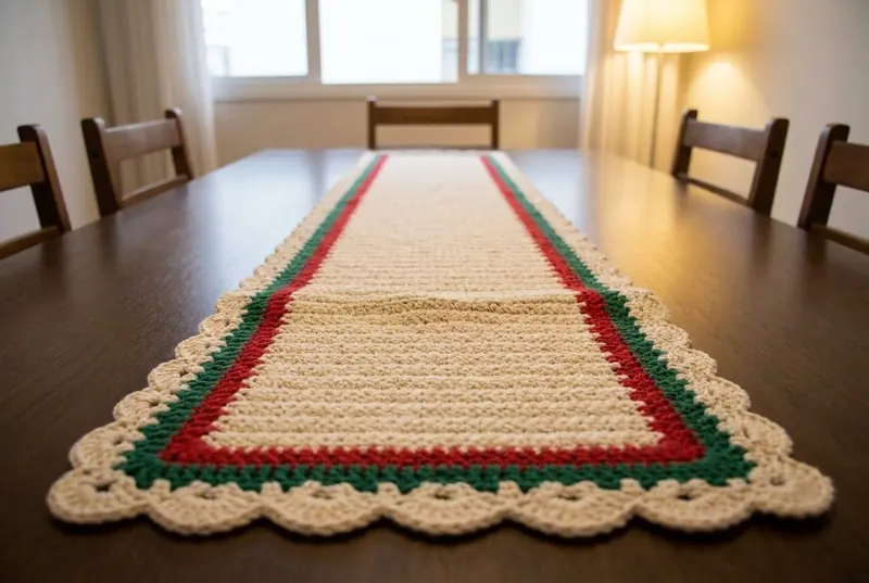 Caminho de mesa de crochê creme com bordas vermelha e verde estendido ao longo da mesa de madeira