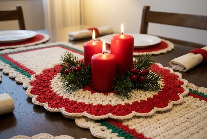 Centro de mesa redondo de crochê vermelho e creme com três velas vermelhas acesas e ramos de pinheiro