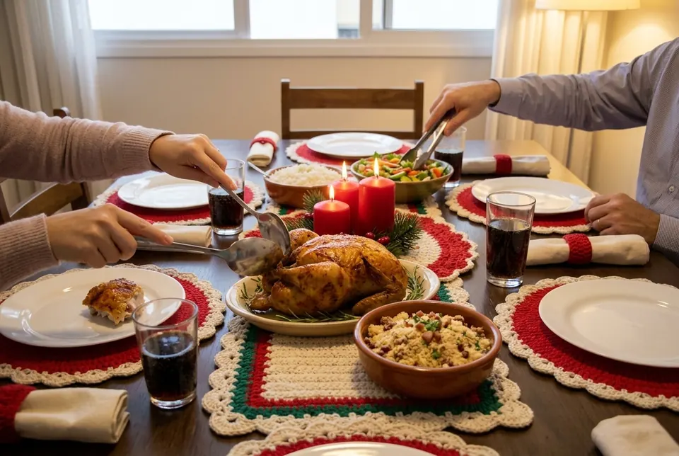 Ceia de Natal em família sobre a mesa de crochê: pratos nos sousplats vermelhos, frango assado, farofa e arroz sobre o caminho de mesa, velas acesas no centro e mãos servindo a comida