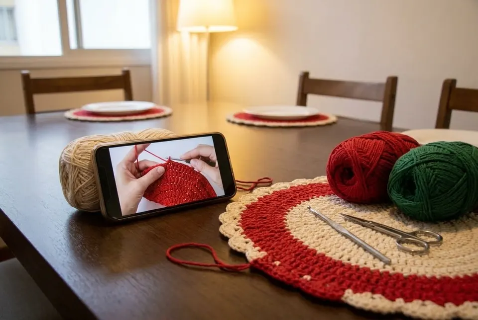 Celular apoiado num novelo sobre a mesa, mostrando um vídeo de mãos fazendo crochê, ao lado de um sousplat pela metade, agulha, tesoura e novelos vermelho e verde