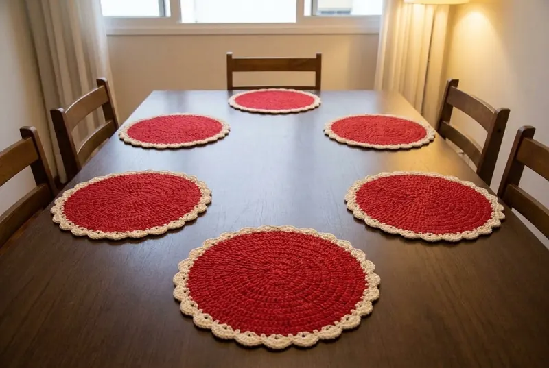 Sousplats de crochê vermelho e creme dispostos sobre a mesa de madeira, um em cada lugar, sem pratos