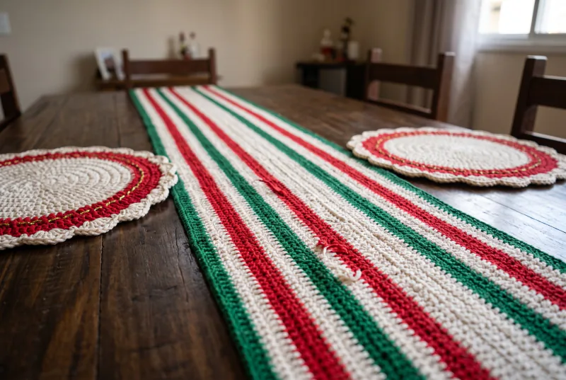 Caminho de mesa de crochê listrado em vermelho, verde e branco estendido ao longo da mesa de madeira escura, com dois sousplats de crochê nas laterais