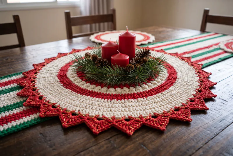 Centro de mesa redondo de crochê vermelho e cru com borda em pontas sobre o caminho de mesa listrado, com três velas vermelhas, ramos de pinheiro e pinhas em cima