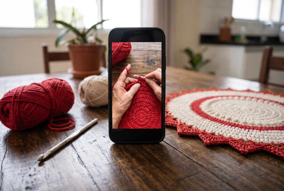 Celular em pé sobre a mesa de madeira mostrando um vídeo de mãos fazendo crochê em um sousplat vermelho, com novelos vermelho e cru, agulha de crochê e um sousplat pronto ao lado